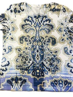 Zenergy by Chicos sz 2 Front Beaded Bling White Blue Yellow Short Sleeves